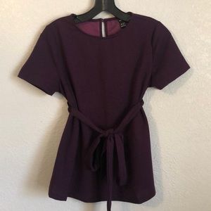 SHEIN Key Hole Back with Tie Waist Blouse- Purple